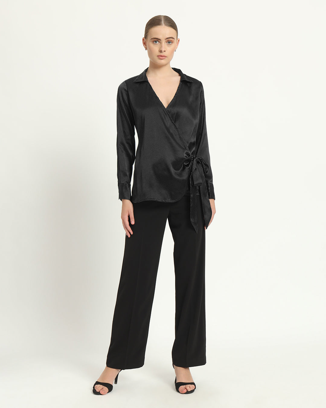 Satin Wrap V Neck Black Shirt