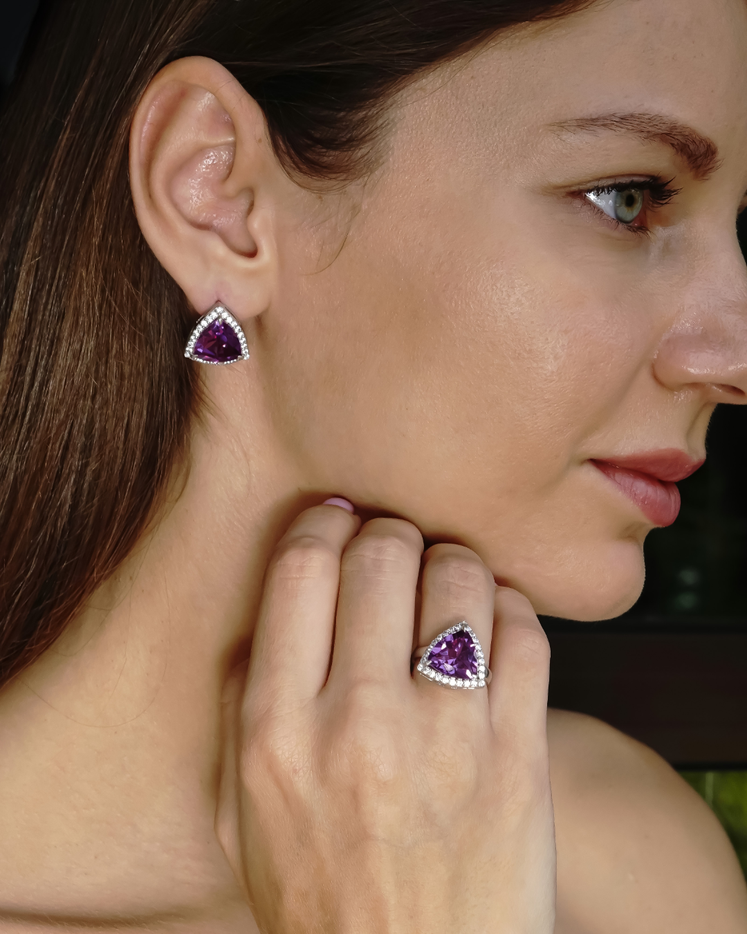 Trillion Halo Earrings in Alexandrite