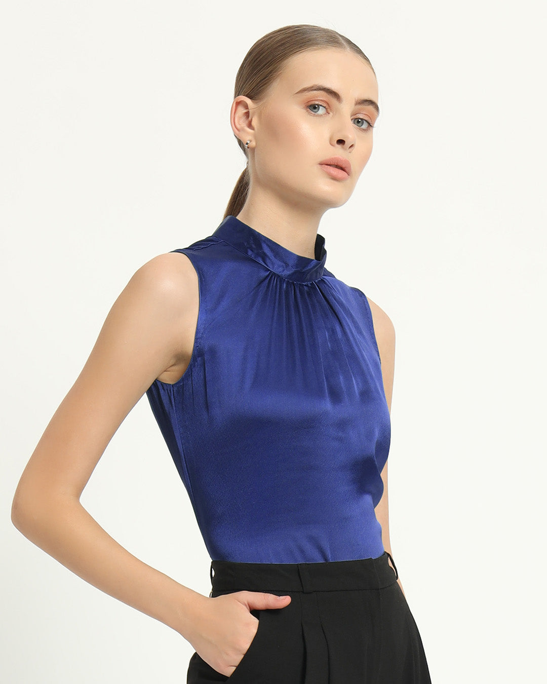 Satin High Collar Lapis Purple Top