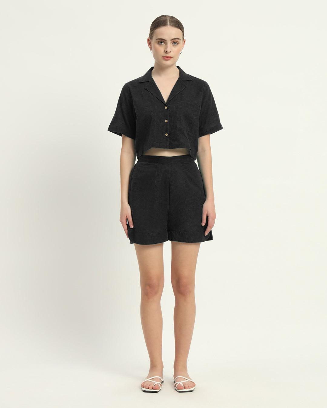 Shorts Matching Set Noir Crop Shirt
