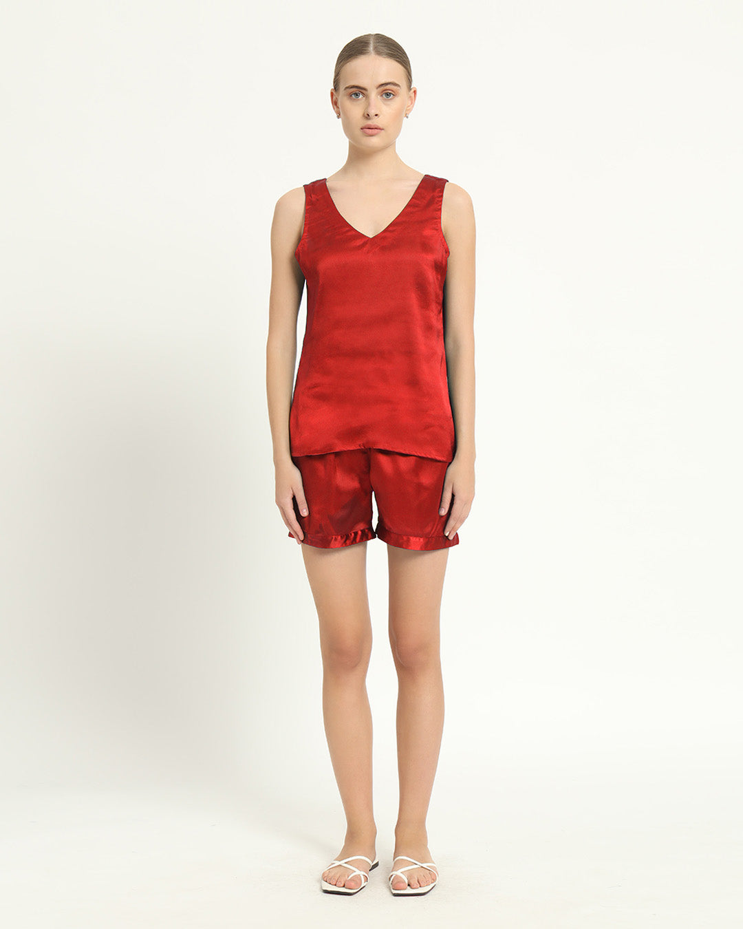 Satin V Neck- Shorts Scarlet Red PJ Set