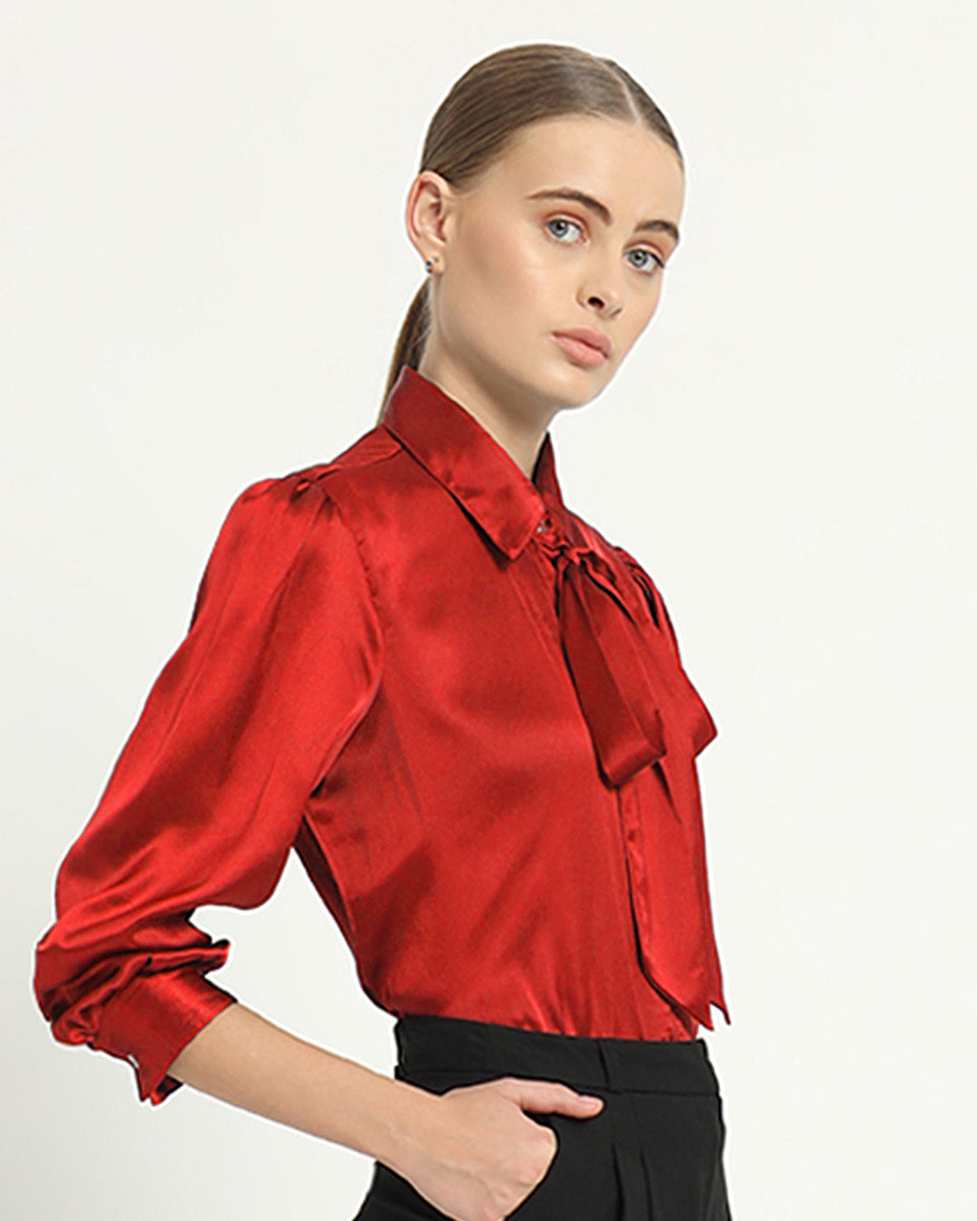 Satin Tie Collar Scarlet Red Shirt