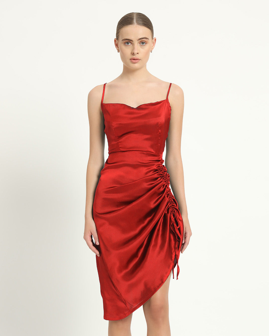 Satin Ruche Asymmetrical Scarlet Red Dress