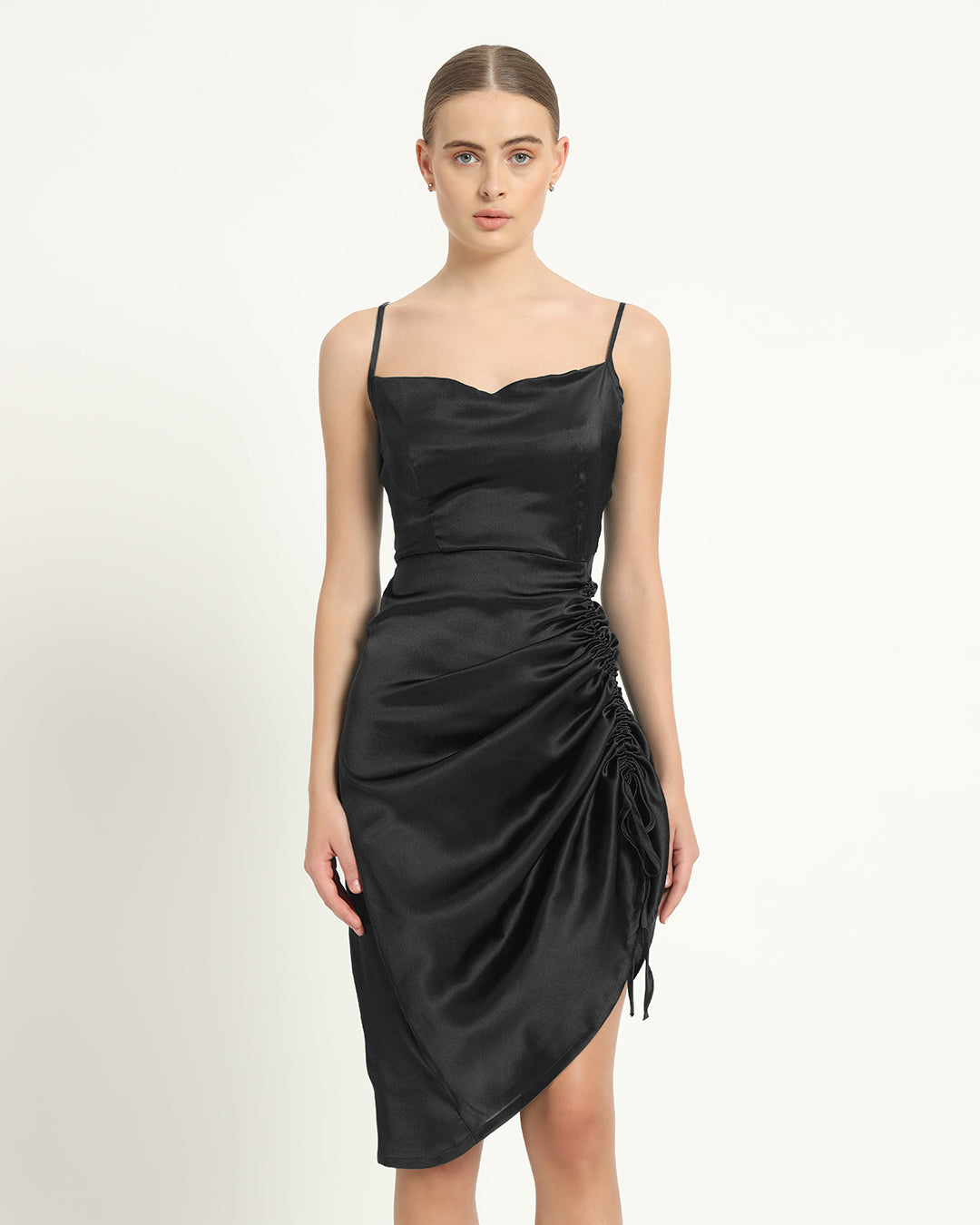 Satin Ruche Asymmetrical Black Dress