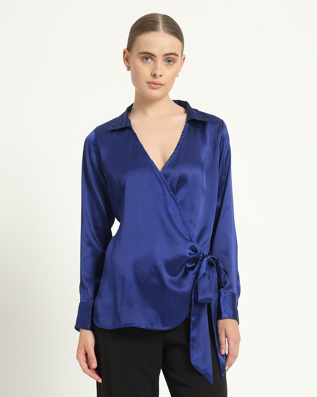 Satin Wrap V Neck Lapis Purple Shirt