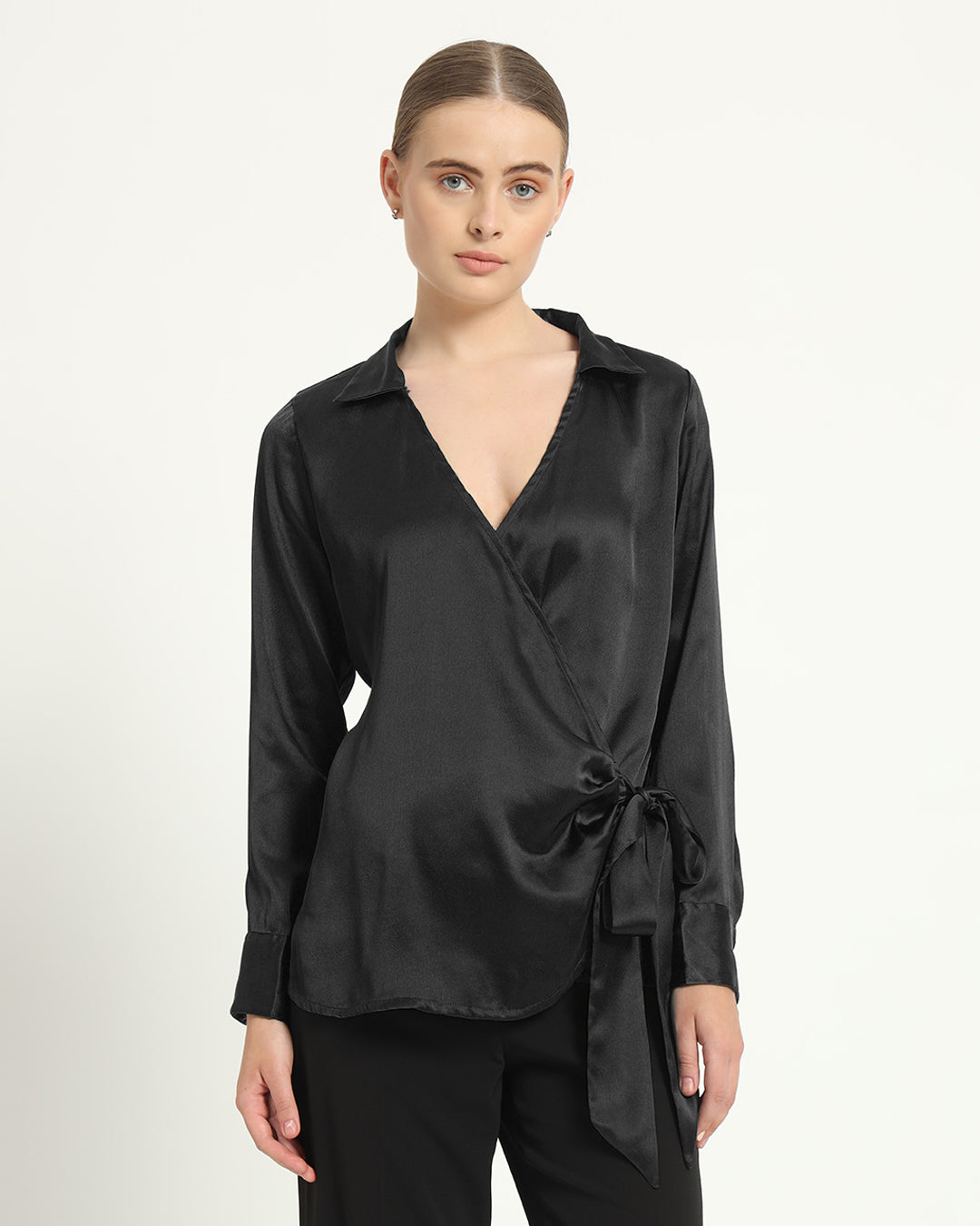 Satin Wrap V Neck Black Shirt