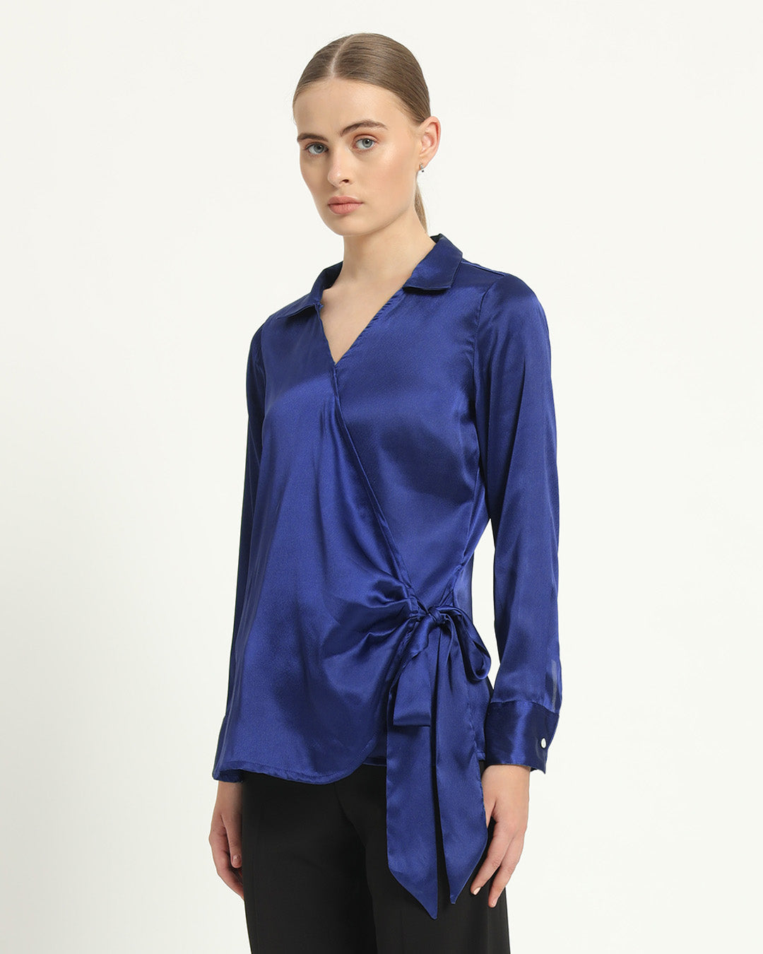 Satin Wrap V Neck Lapis Purple Shirt