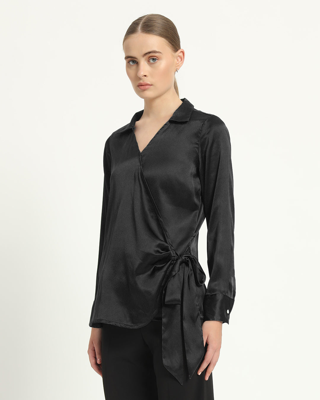 Satin Wrap V Neck Black Shirt