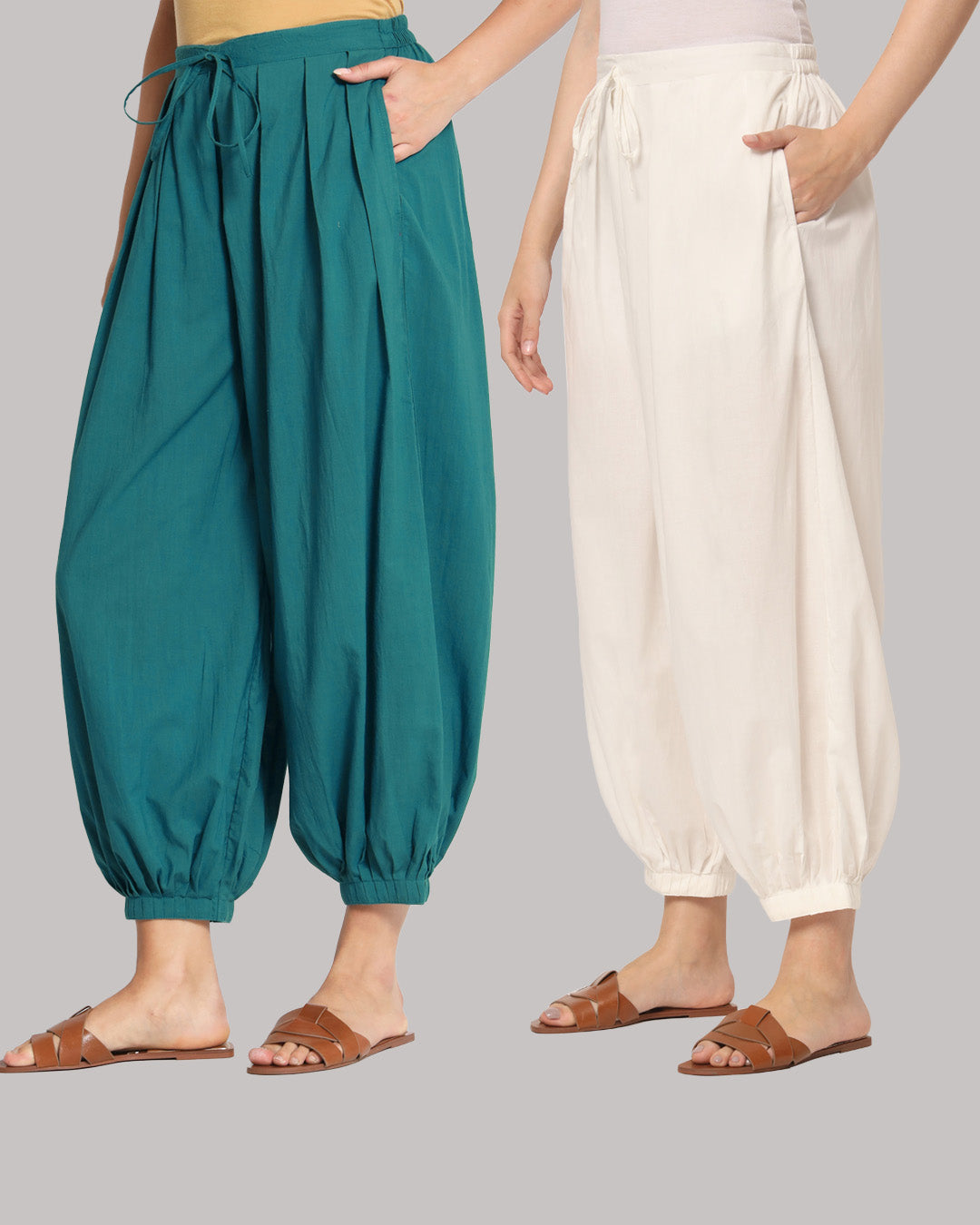 Pair of 100% Cotton Salwar- Deep Teal & White