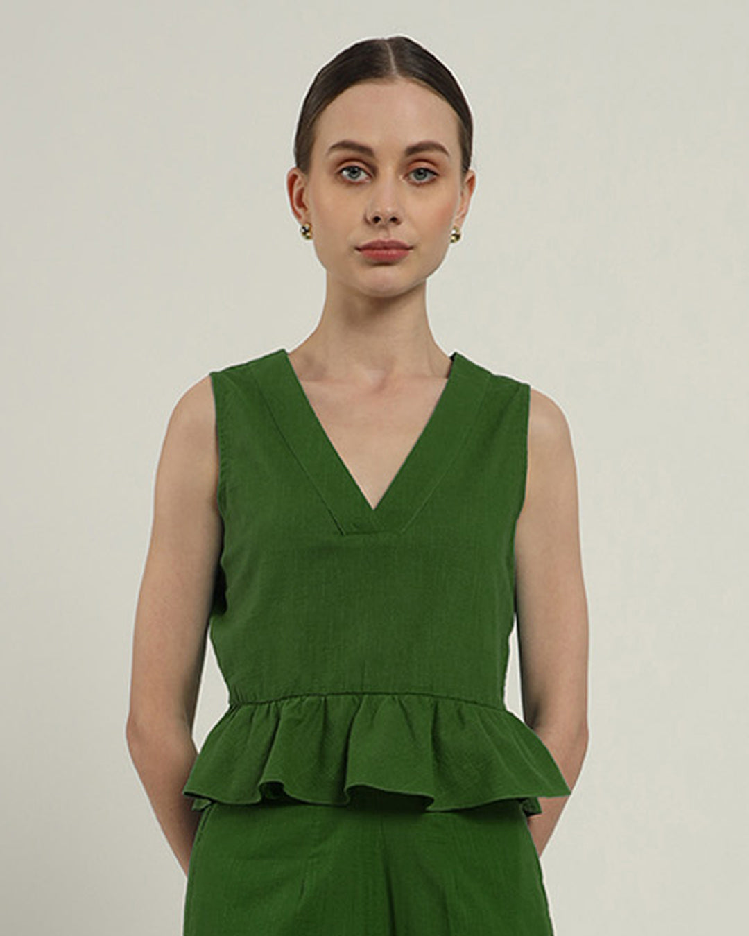 Posh Peplum V Neck Emerald Top (Without Bottoms)