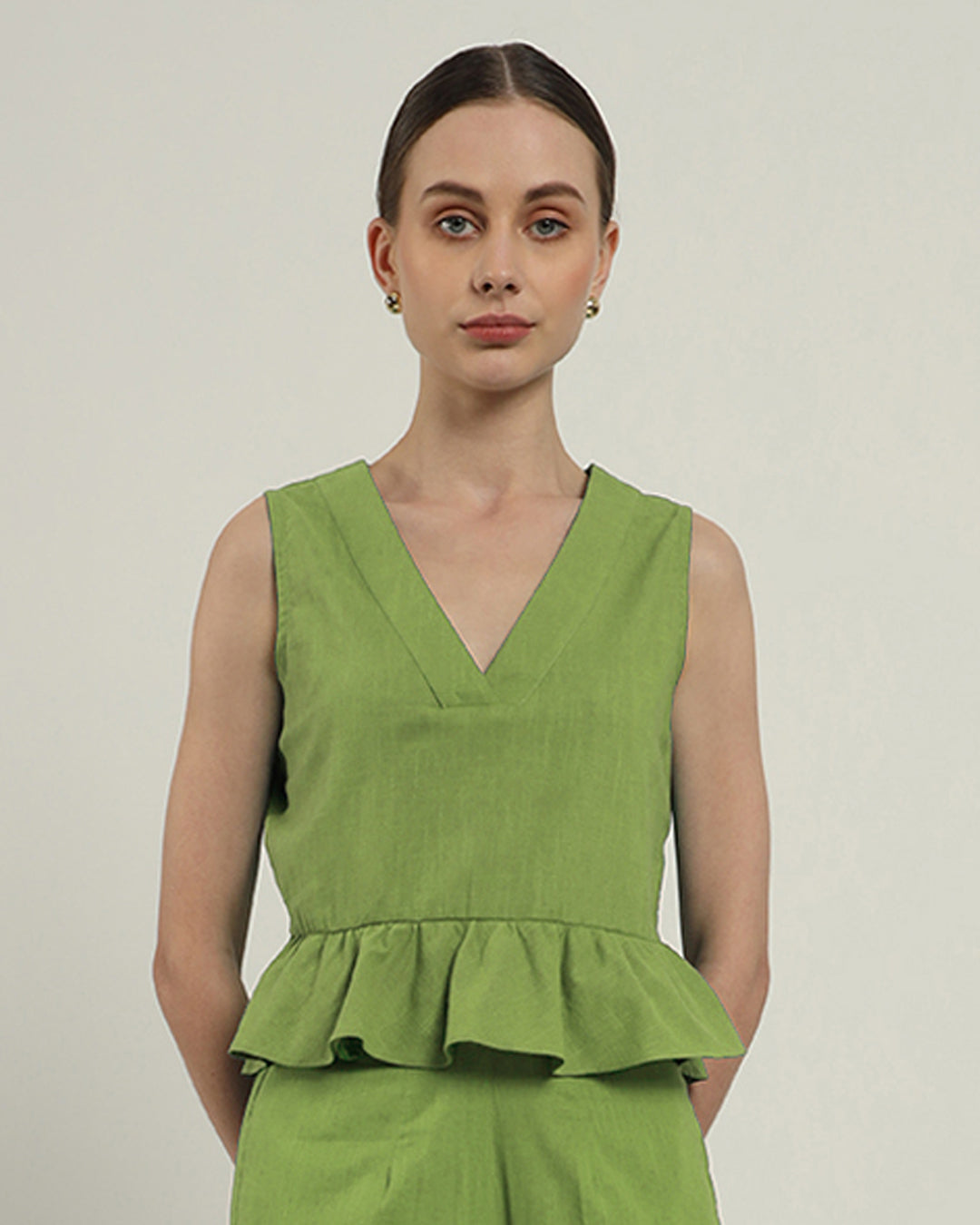 Posh Peplum V Neck Fern Top (Without Bottoms)