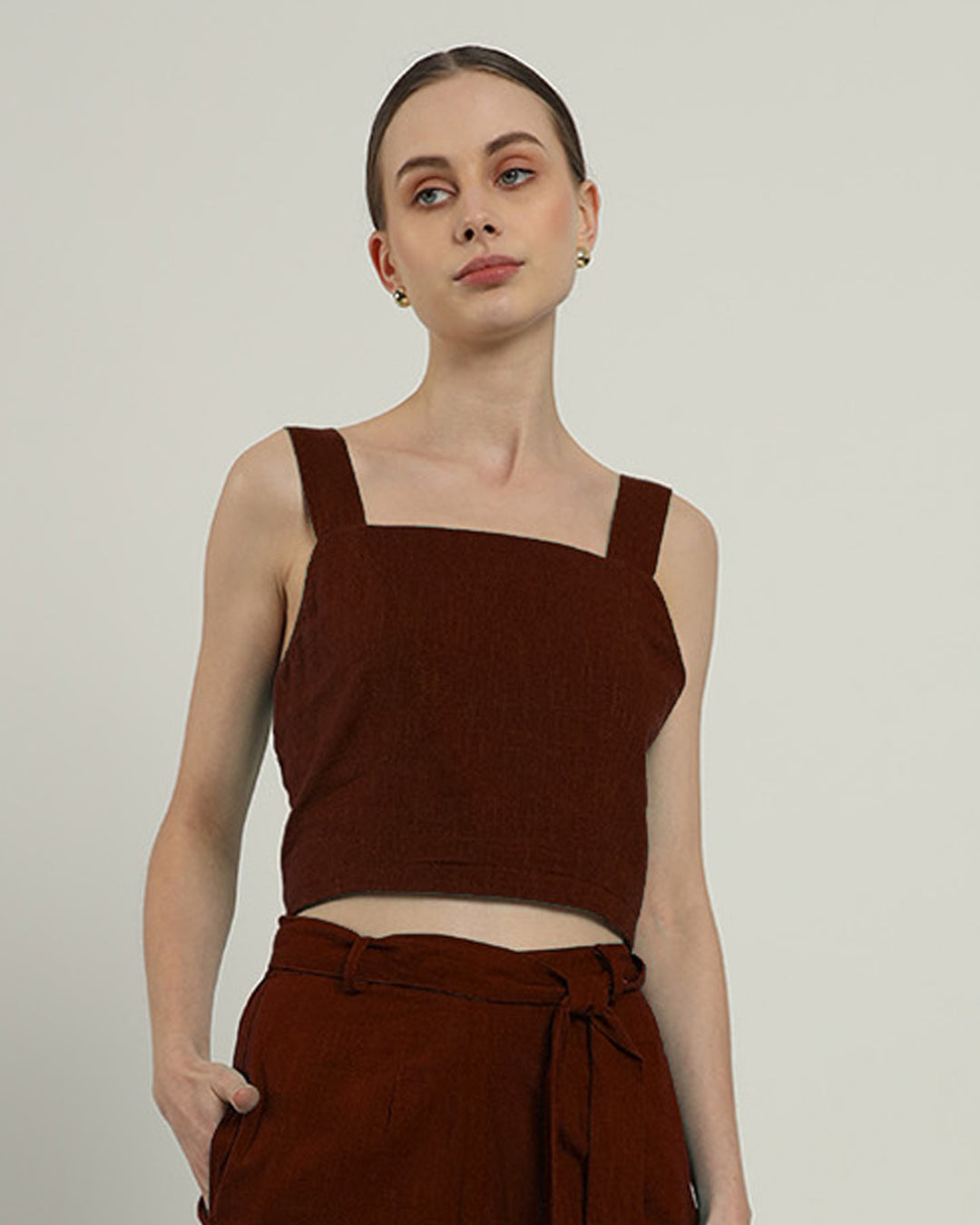 Sleek Square Crop Solid Rouge Top (Without Bottoms)