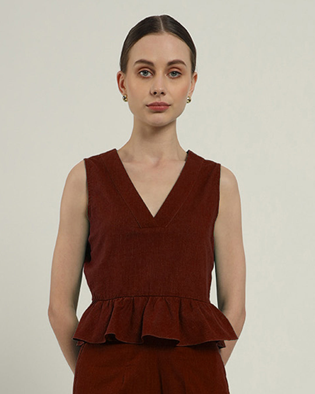 Posh Peplum V Neck Rouge Top (Without Bottoms)