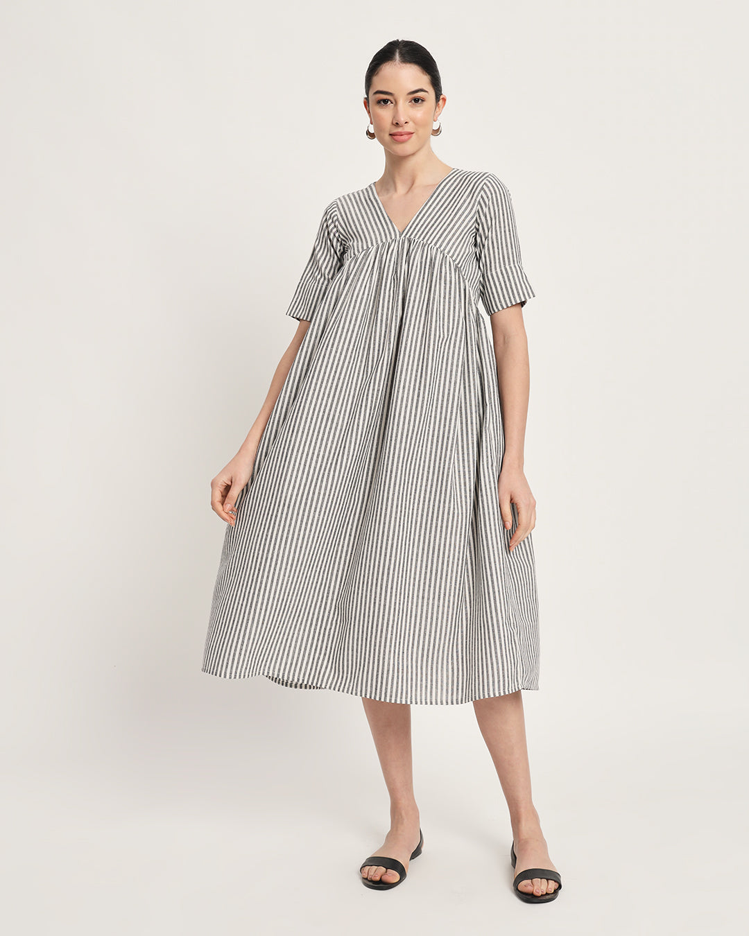 Classic Black & White Stripes V-Neck Gathered Cotton Dress