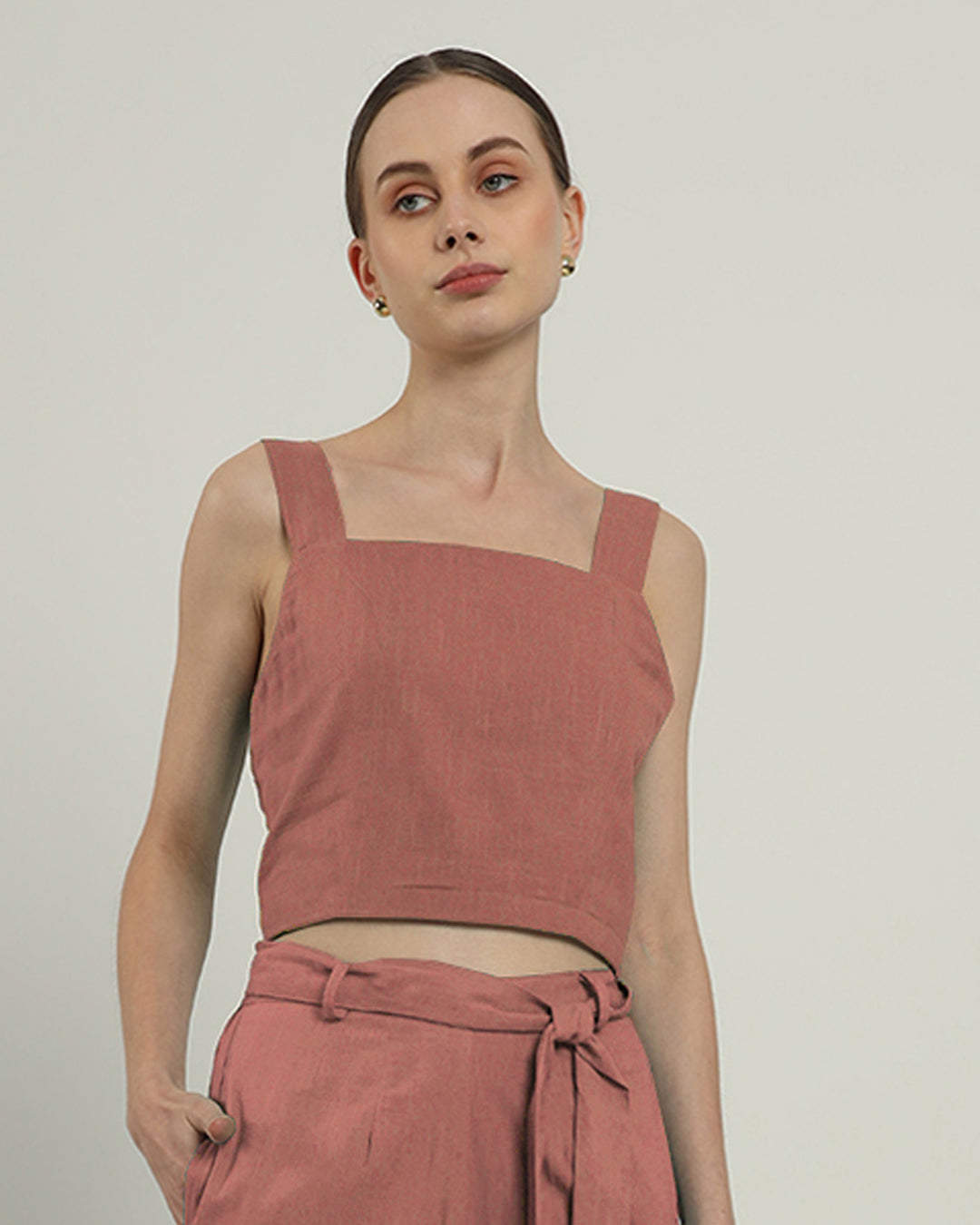 Sleek Square Crop Solid Ivory Pink Top (Without Bottoms)