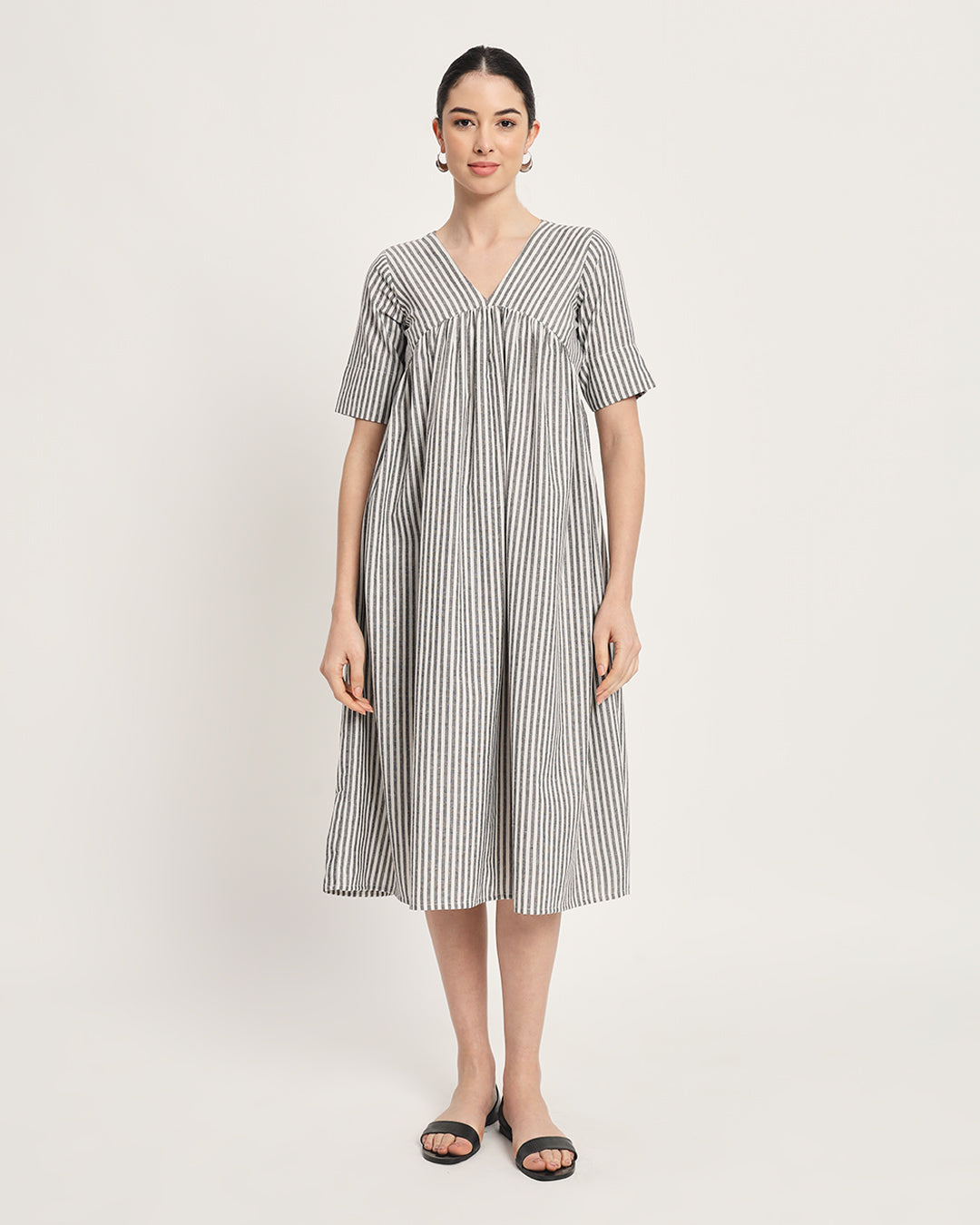 Classic Black & White Stripes V-Neck Gathered Cotton Dress