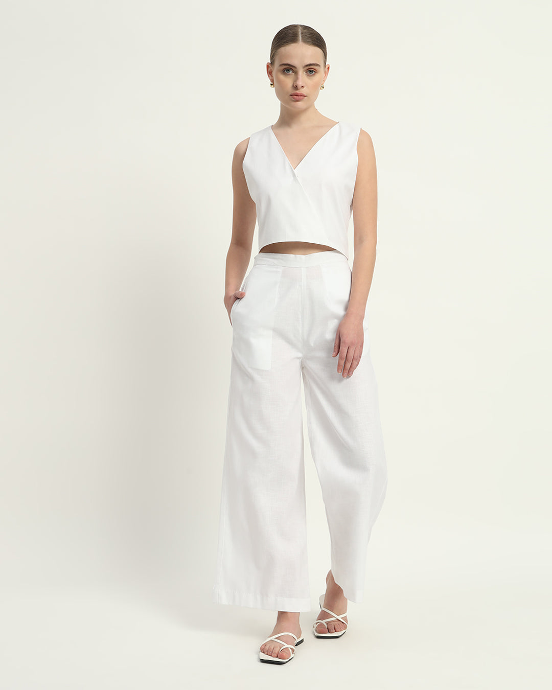 Pants Matching Set- White Linen V Neck Overlap