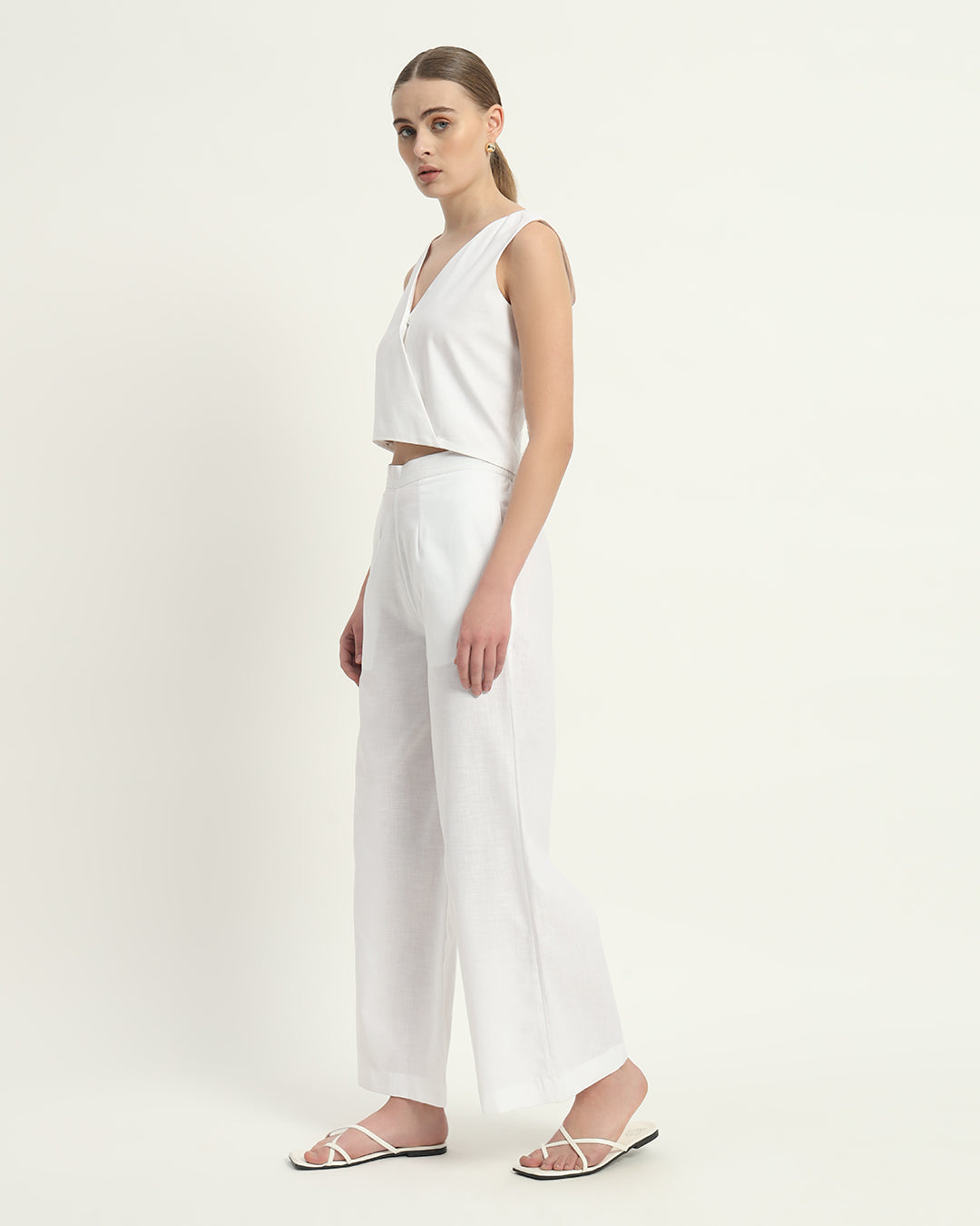 Pants Matching Set- White Linen V Neck Overlap