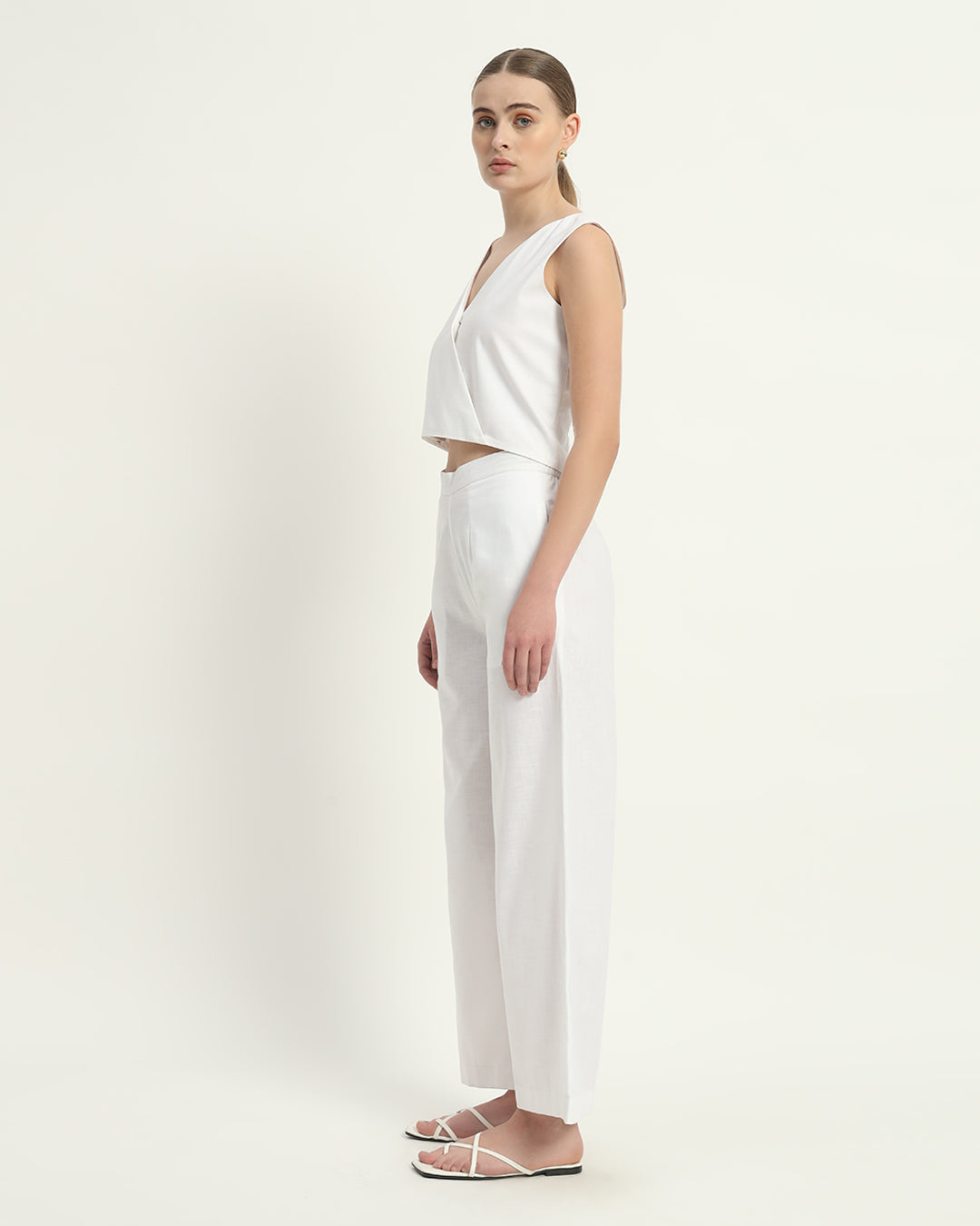 Pants Matching Set- White Linen V Neck Overlap