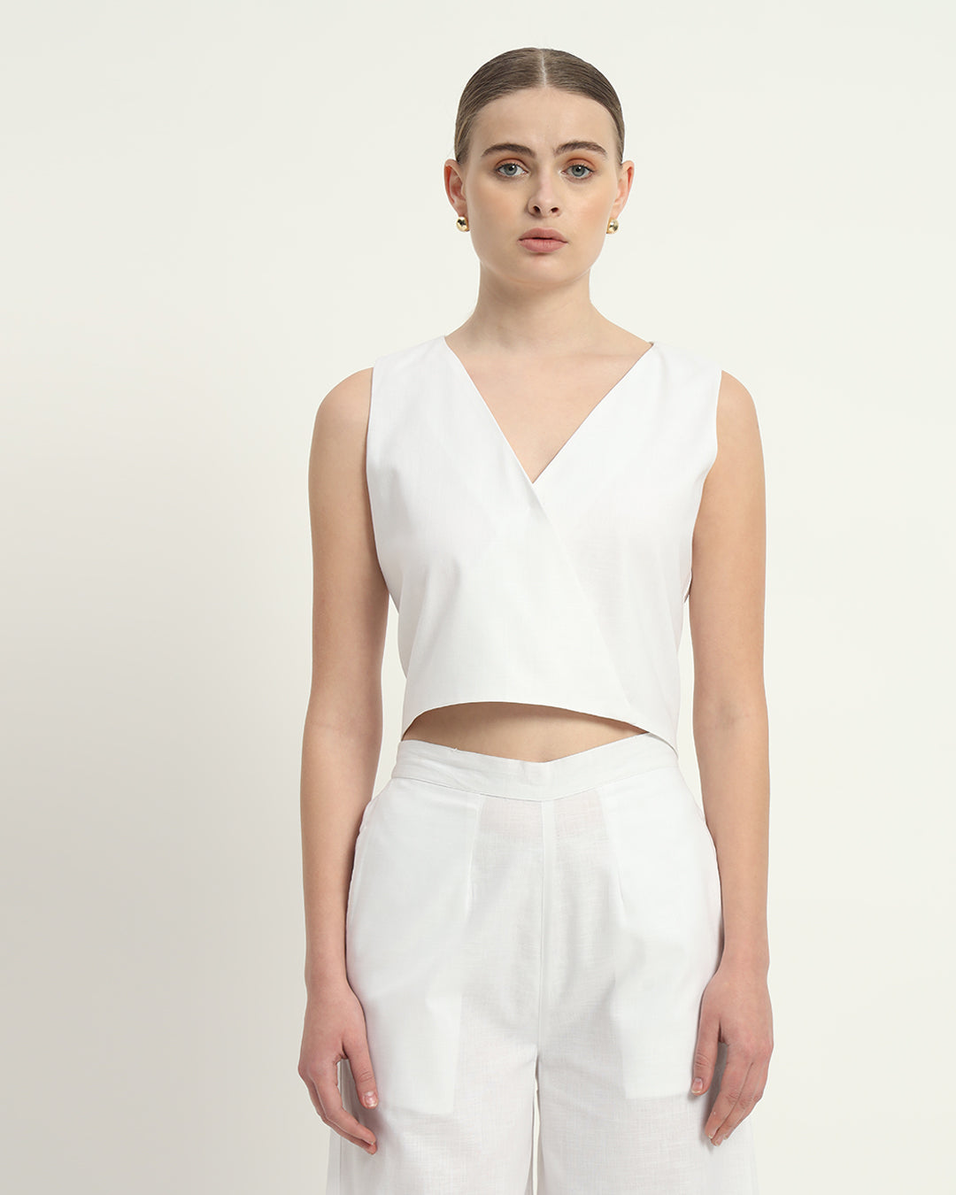 Pants Matching Set- White Linen V Neck Overlap