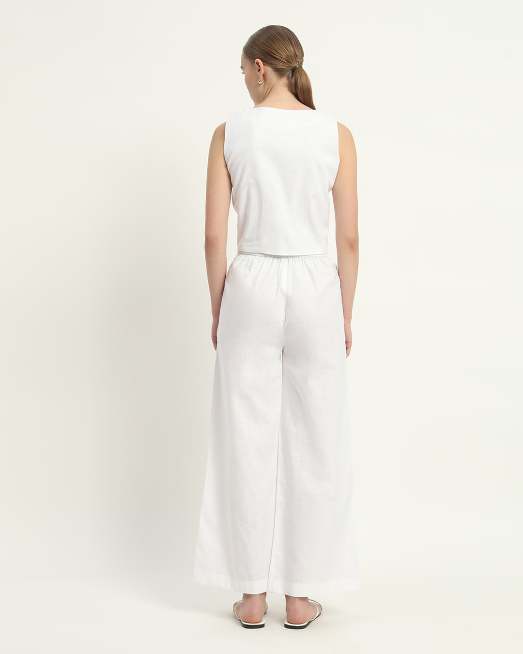 Pants Matching Set- White Linen V Neck Overlap