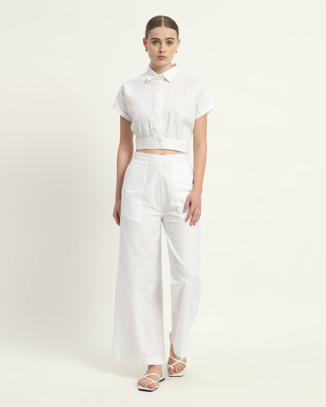 Pants Matching Set- White Chic Crop Linen