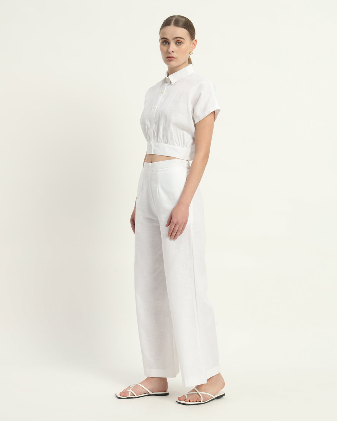 Pants Matching Set- White Chic Crop Linen