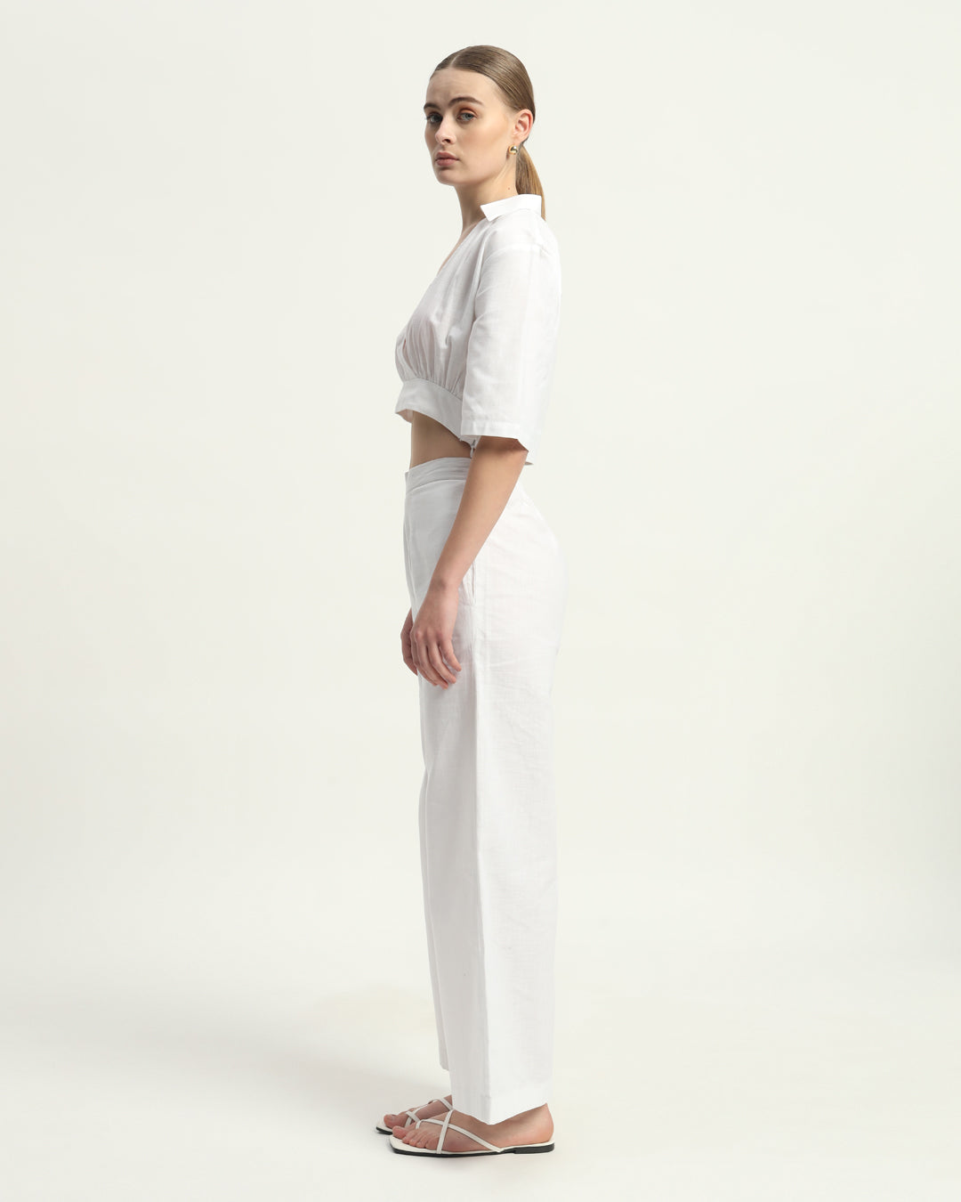 Pants Matching Set- White Linen V Graceful Gathers