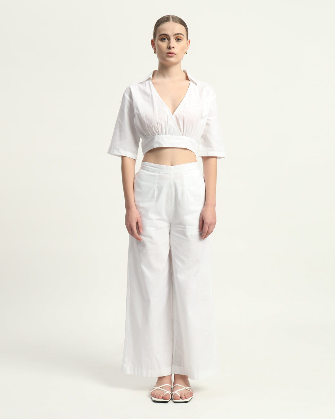 Pants Matching Set- White Linen V Graceful Gathers