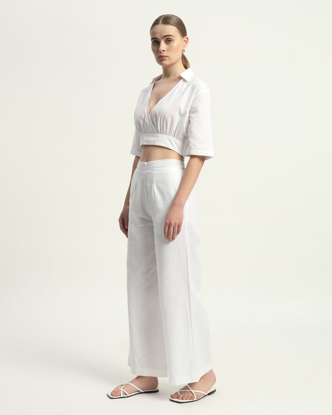 Pants Matching Set- White Linen V Graceful Gathers