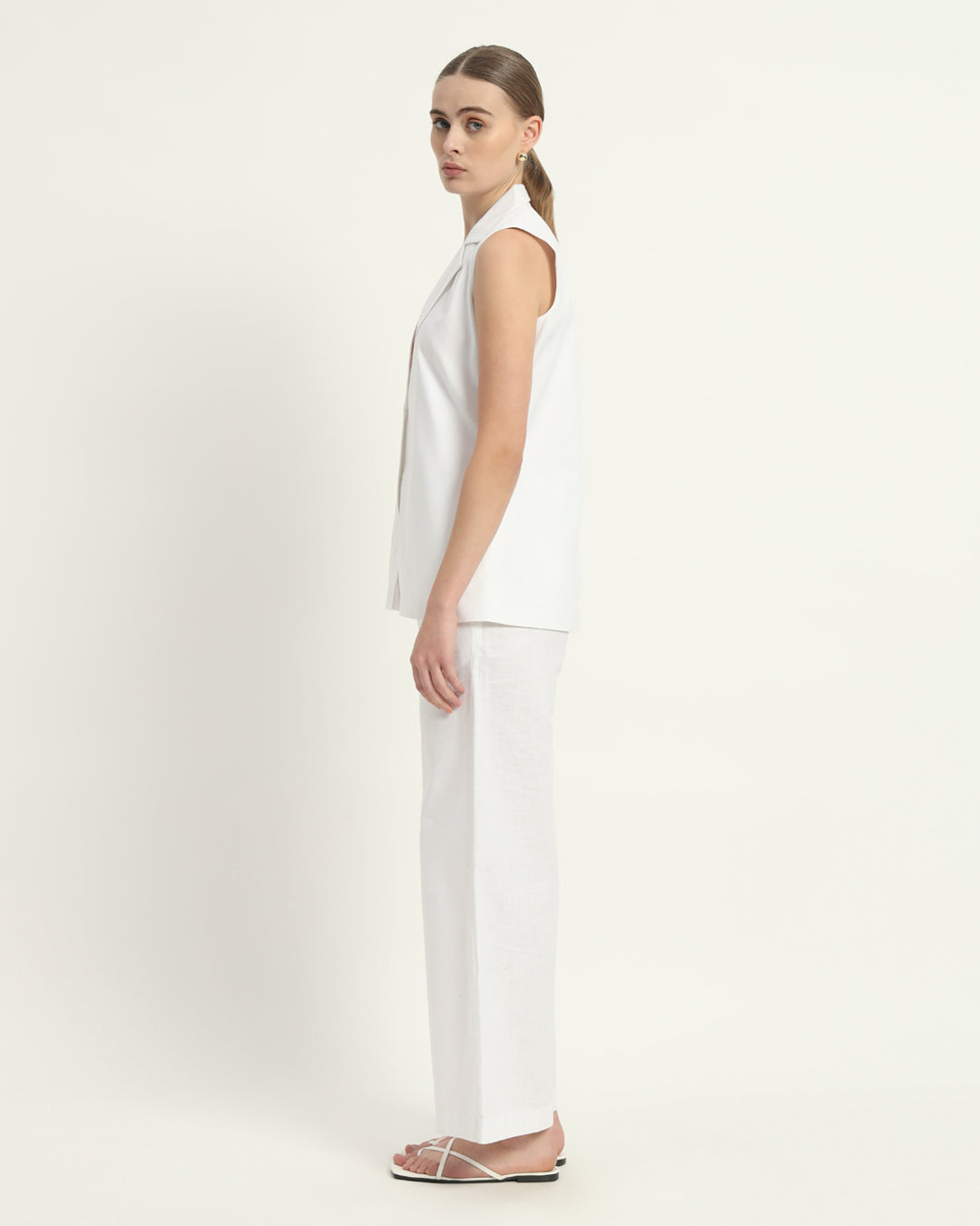 Pants Matching Set- White Linen Elegance Echo V-Neck Blazer