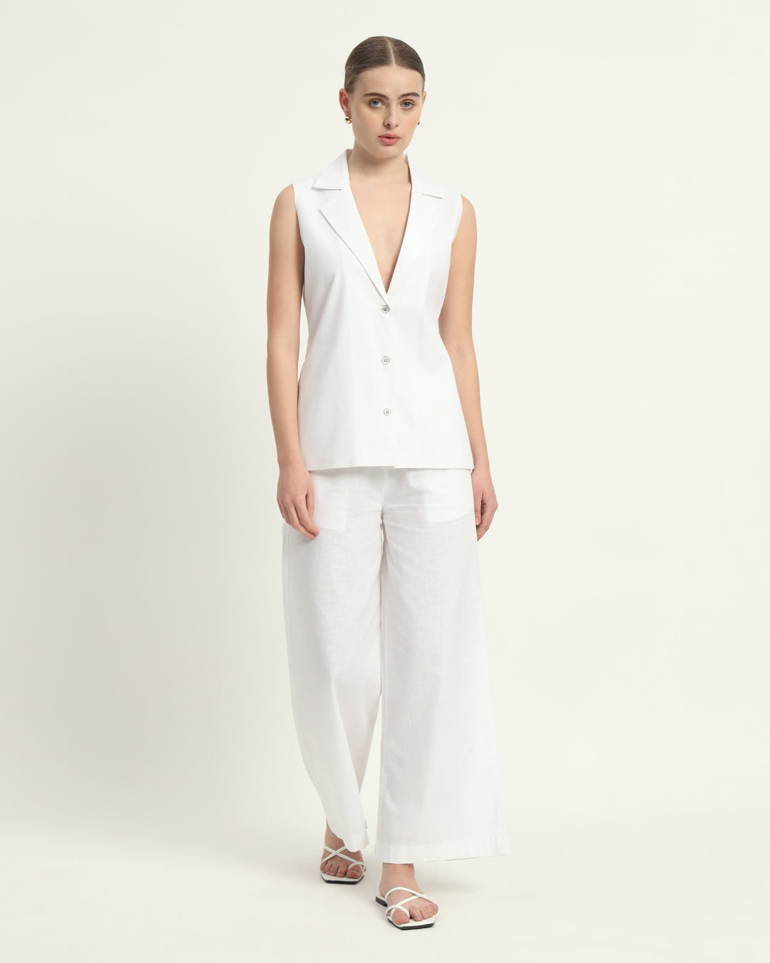 Pants Matching Set- White Linen Elegance Echo V-Neck Blazer