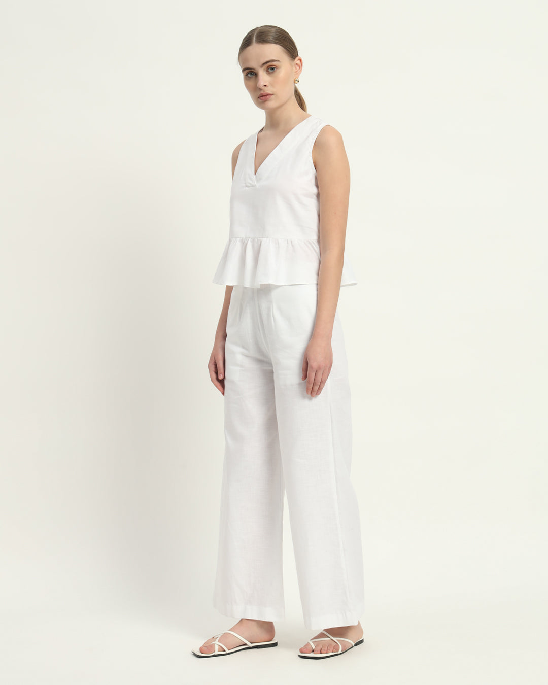 Pants Matching Set- White Linen Posh Peplum