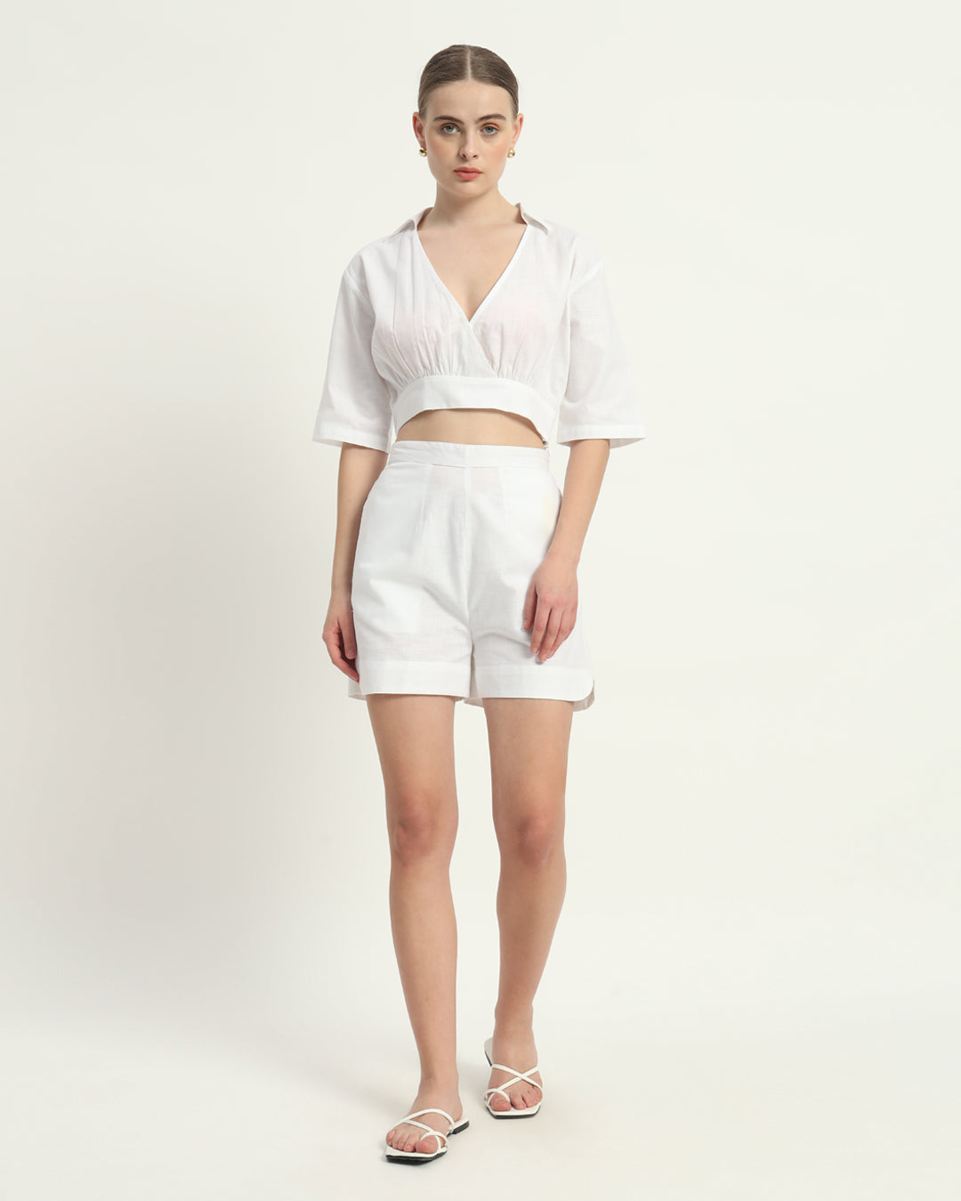 White Linen V Graceful Gathers Shorts Matching Set