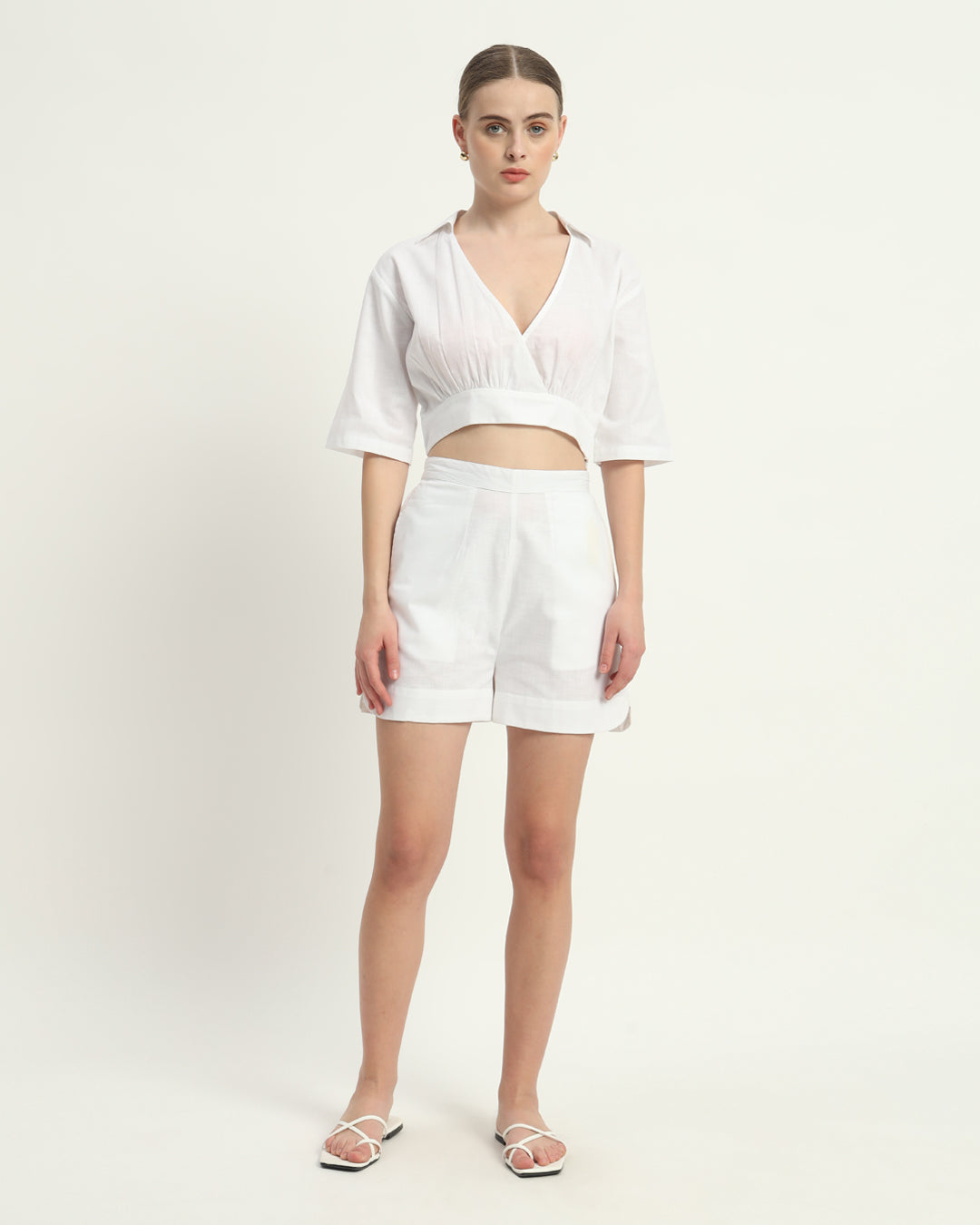 White Linen V Graceful Gathers Shorts Matching Set