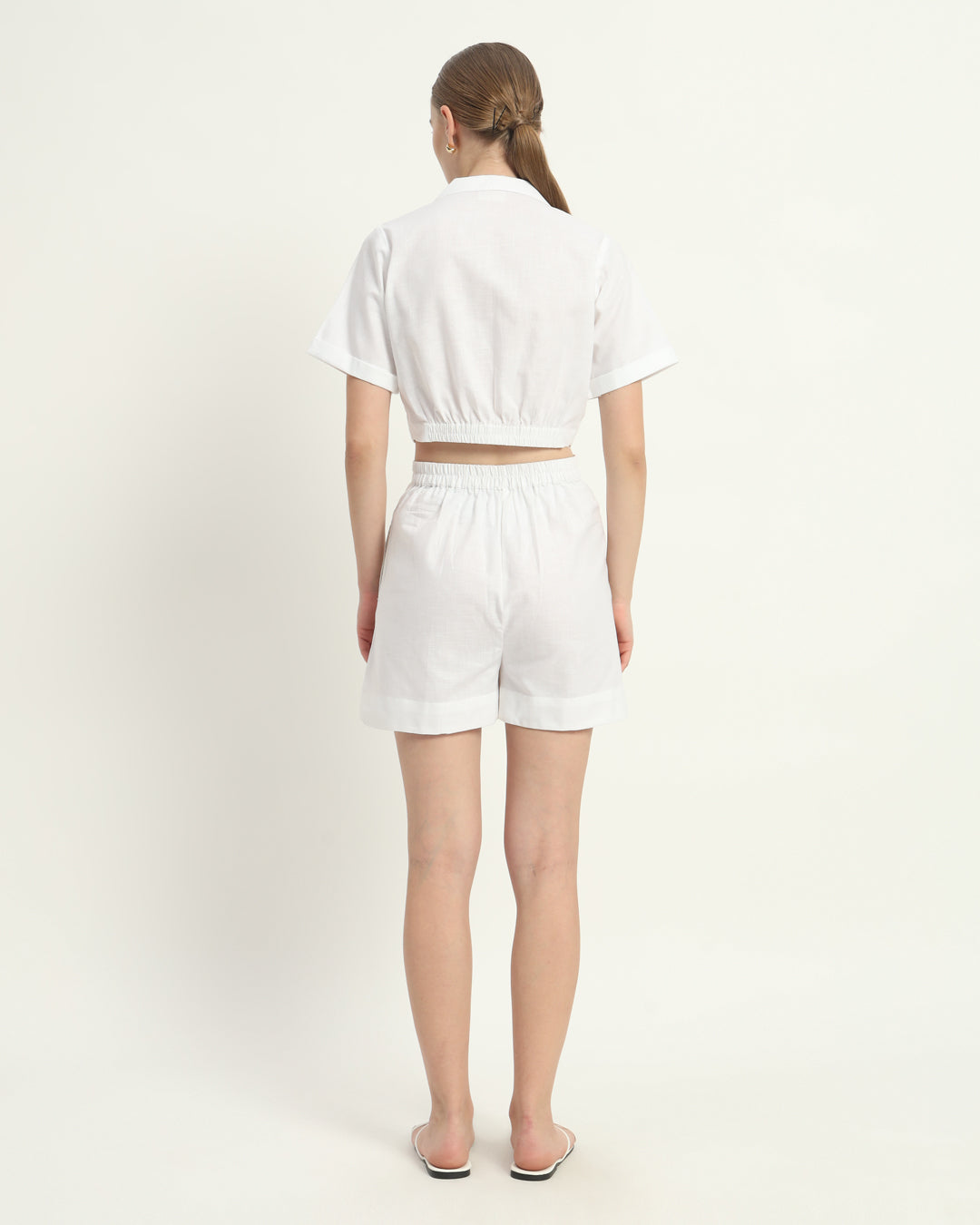 Shorts Matching Set-White Linen Lapel Collar