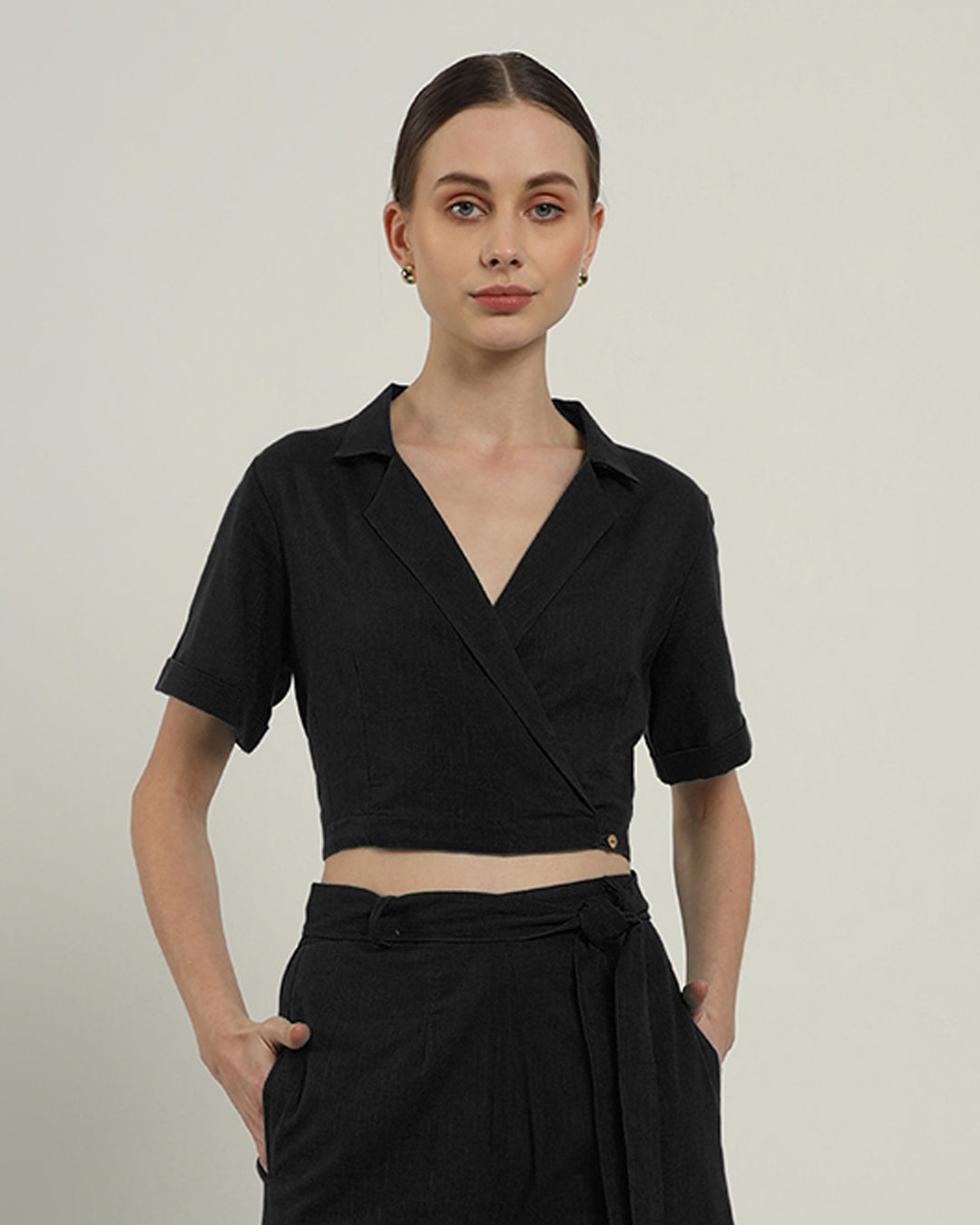 Noir Lapel Collar Solid Top (Without Bottoms)