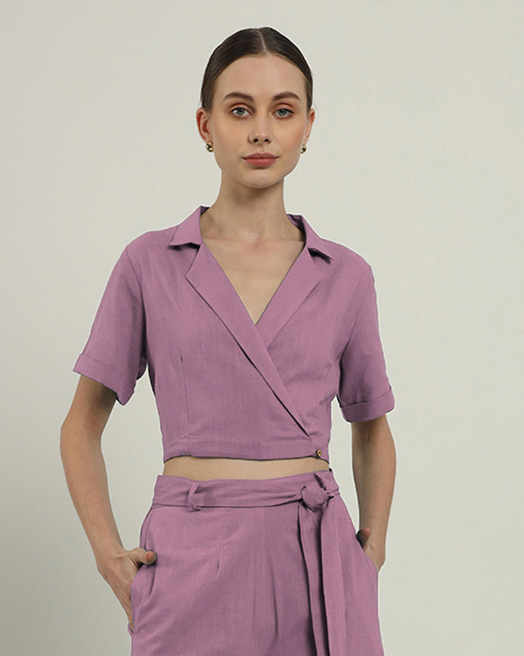 Lapel Collar Solid Purple Swirl Top (Without Bottoms)