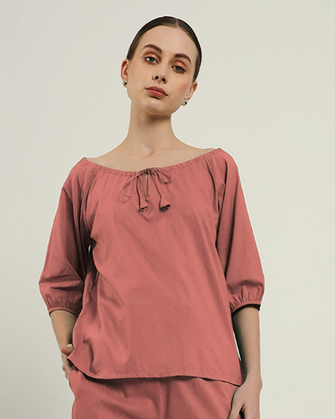 Ivory Pink Effortless BowtNeck Top (Without Bottoms)