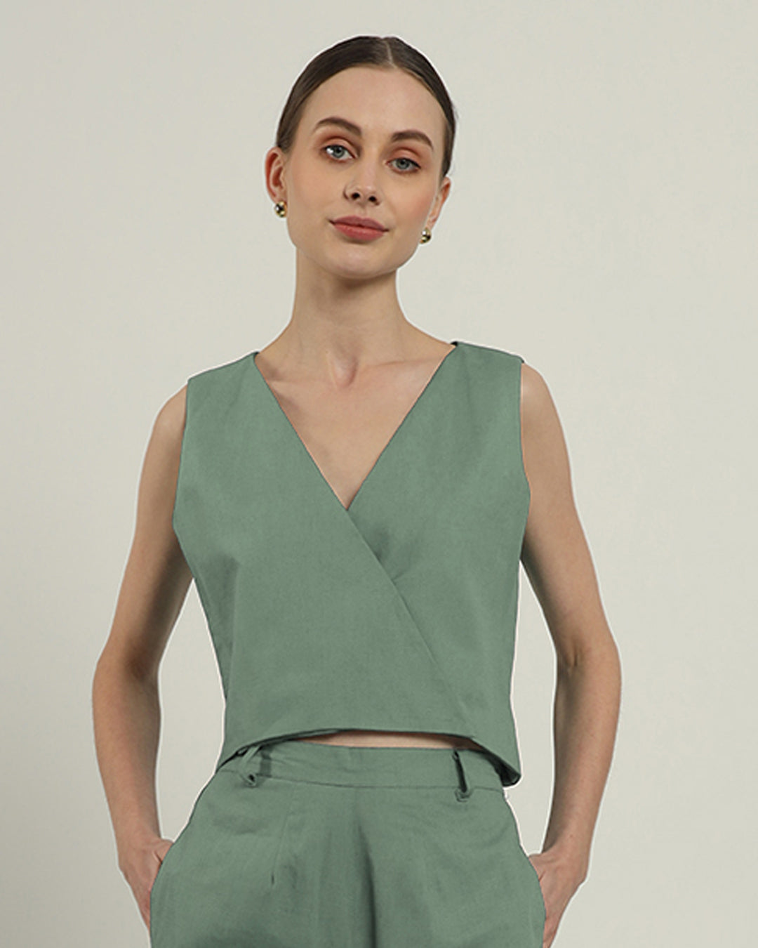 Mint V Neck Overlap Top (Without Bottoms)