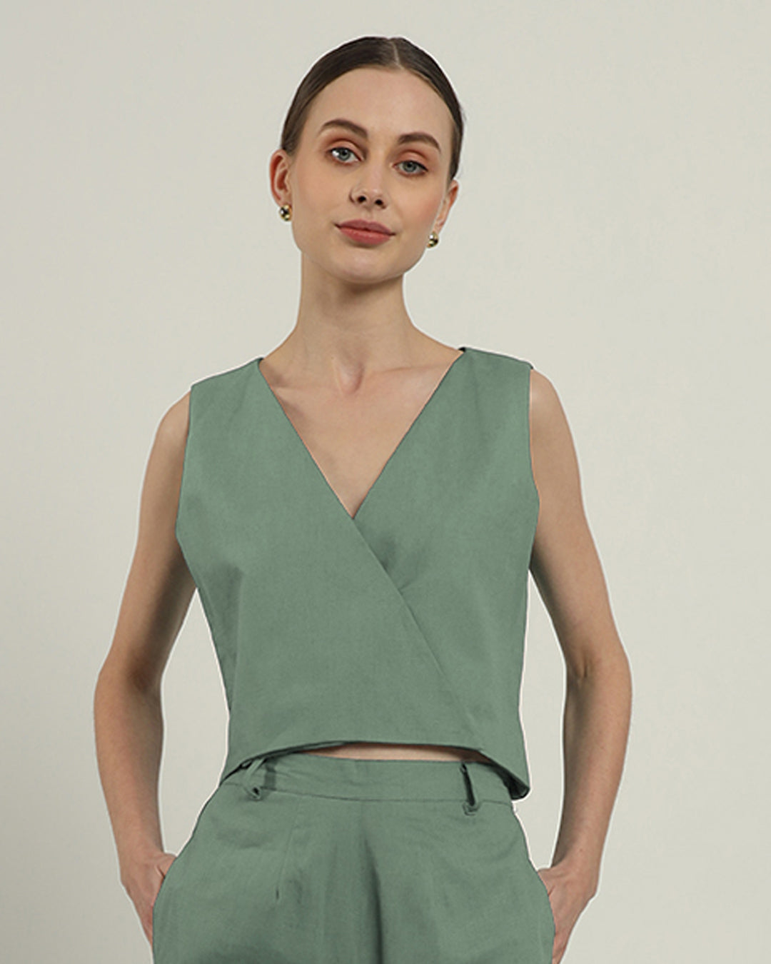 V Neck Overlap Mint Top (Without Bottoms)