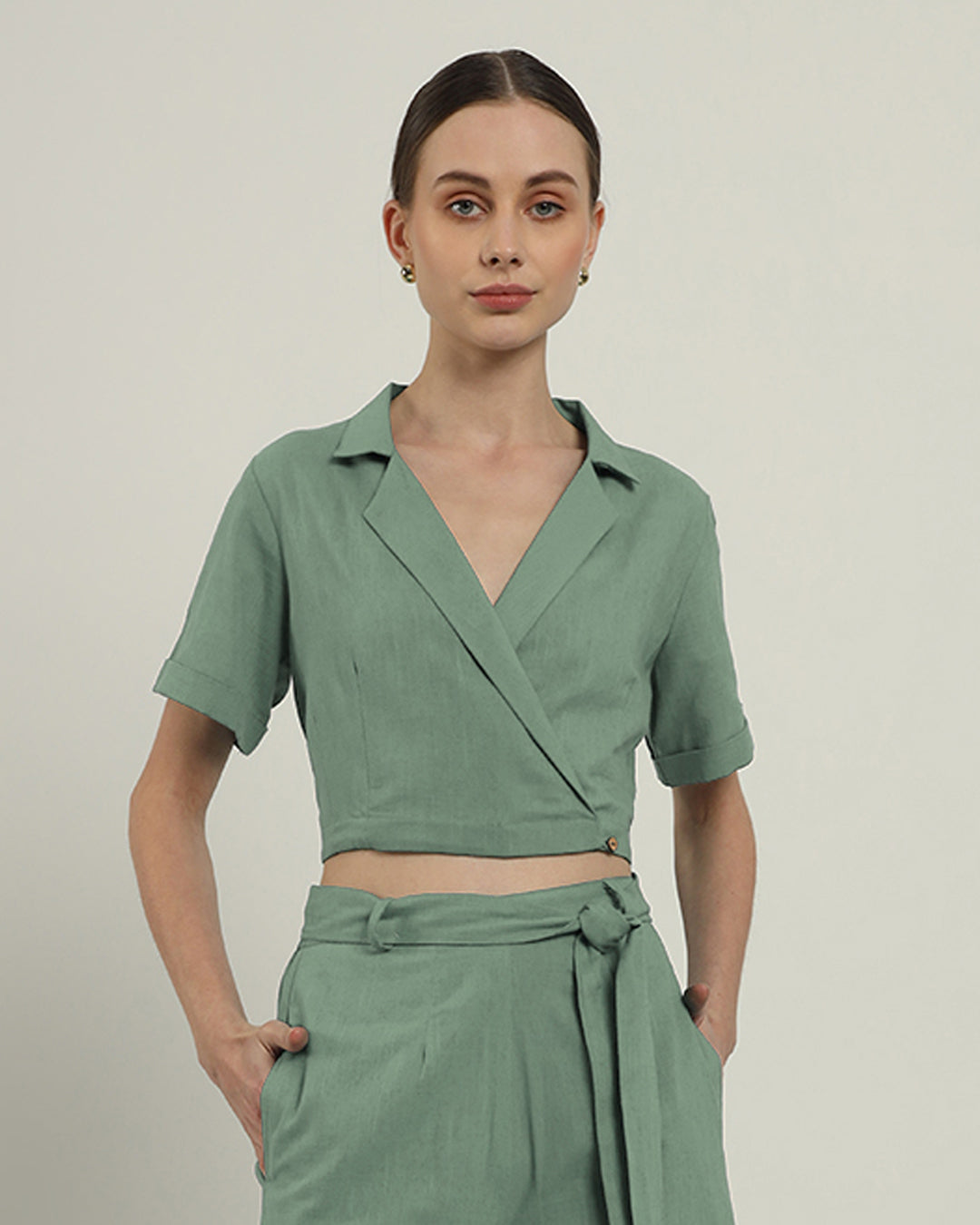 Lapel Collar Solid Mint Top (Without Bottoms)
