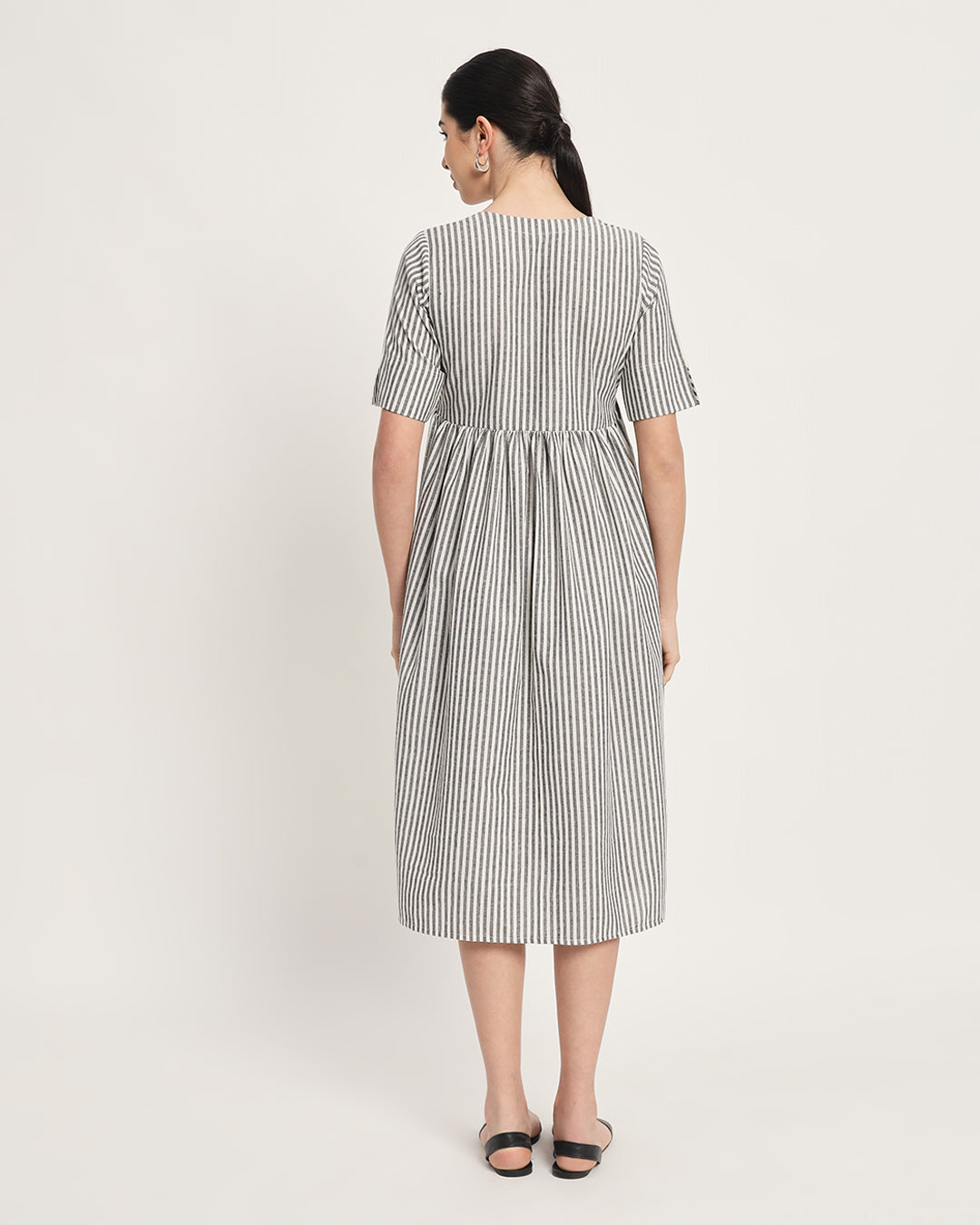 Classic Black & White Stripes V-Neck Gathered Cotton Dress