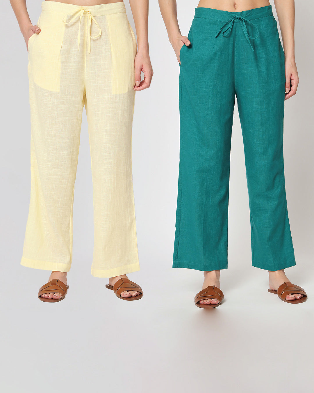 Combo: Airy Lemon & Forest Green Straight Pants- Set of 2