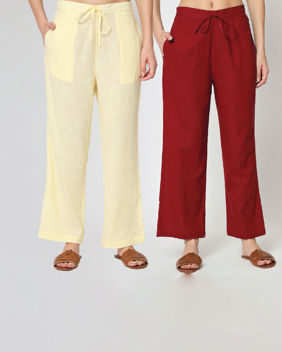 Combo: Airy Lemon & Classic Red Straight Pants- Set of 2