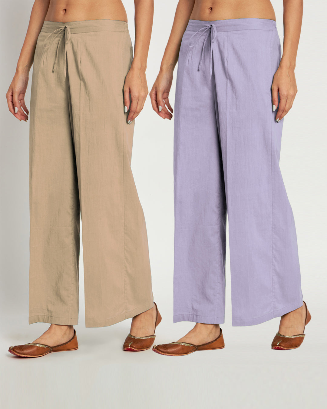 Combo: Beige & Lilac Wide Pants- Set Of 2