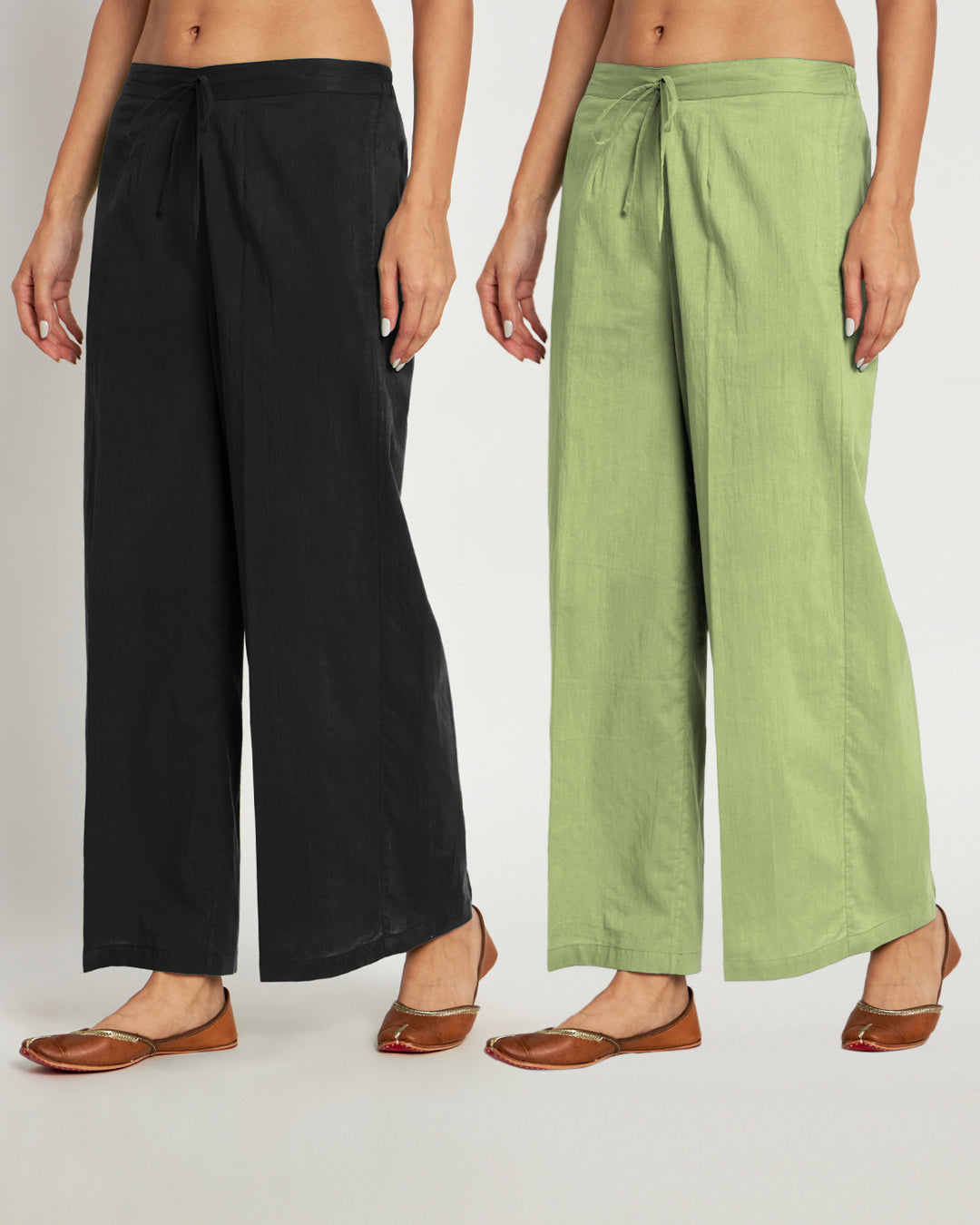 Combo: Black & Sage Green Wide Pants- Set Of 2