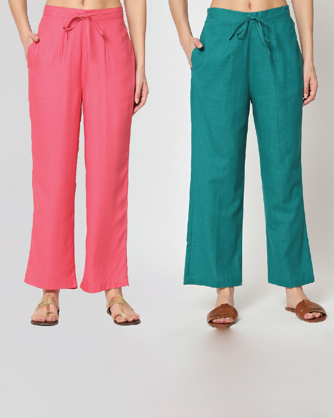 Combo: Coral Burst & Forest Green Straight Pants- Set of 2